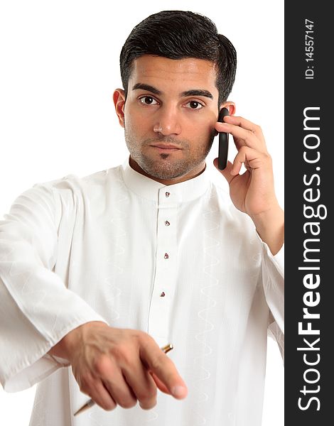 An arab middle eastern ethnic man pointing his finger. He is wearing a traditional white robe eg kurta dishdasha. White background. An arab middle eastern ethnic man pointing his finger. He is wearing a traditional white robe eg kurta dishdasha. White background.