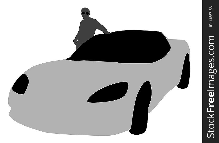 Drawing of a sports car and man