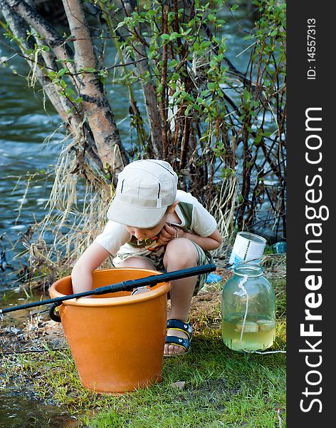 The boy examines the caught fish in a bucket