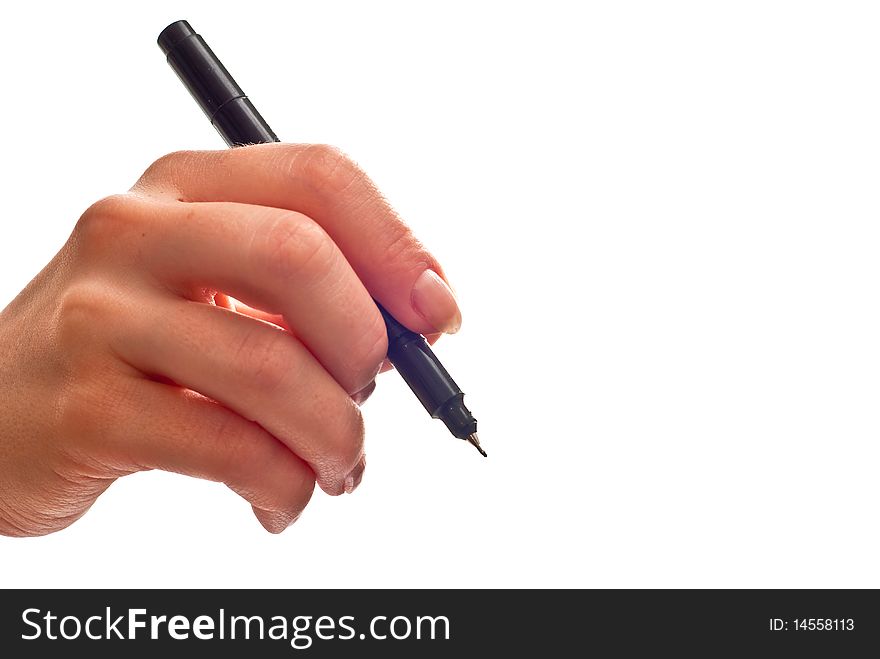 Woman's hand with black pen isolated on white. Woman's hand with black pen isolated on white