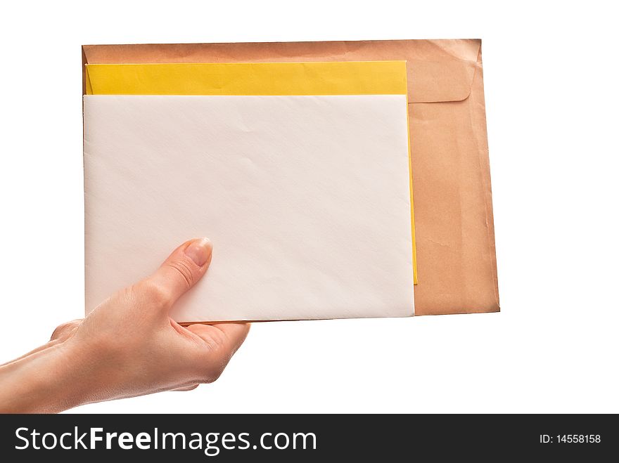 Three envelopes in woman's hands. Isolated on white