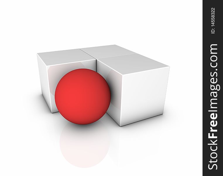 Cube with red sphere in white back ground
