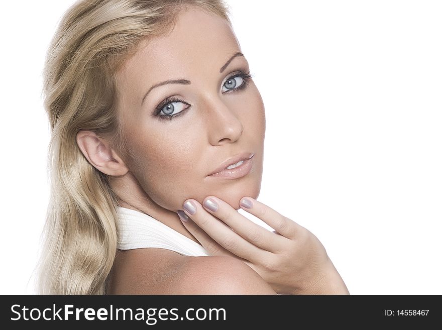 High key portrait of young beautiful woman  on white back. High key portrait of young beautiful woman  on white back