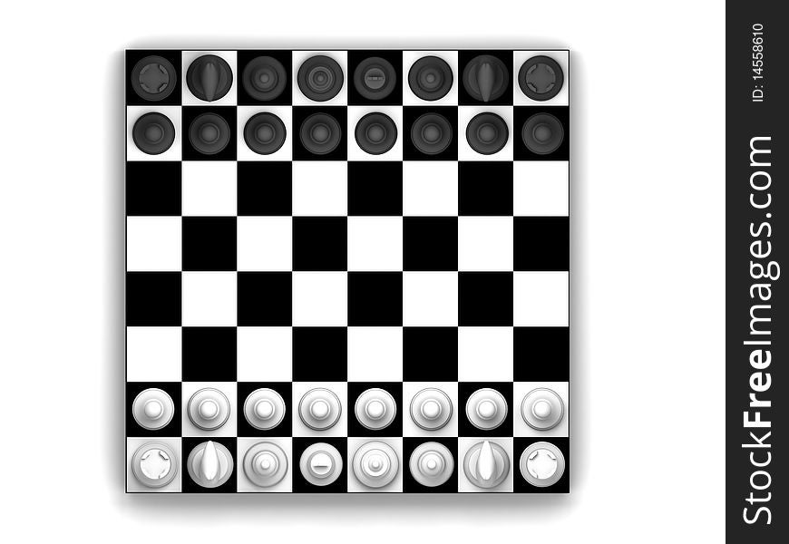 Chess. Chessmen on chessboard isolated on white background. High quality 3d render.