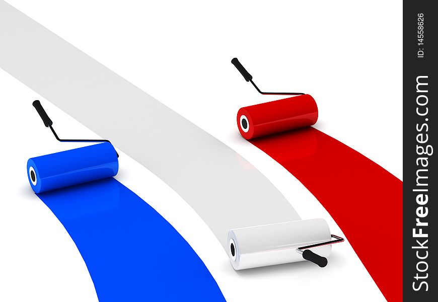 Colors of France. Paint rollers isolated on white background. High quality 3d render.