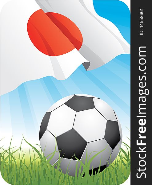 2010 Soccer championship theme with a classic ball on the grass and Japanese flag. 2010 Soccer championship theme with a classic ball on the grass and Japanese flag