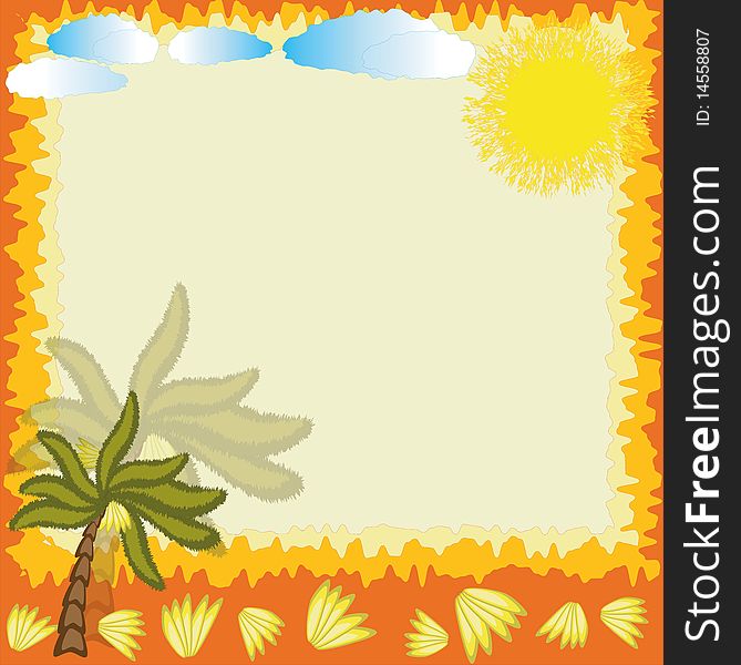 Summer frame with palm,bananas,sun and clouds.