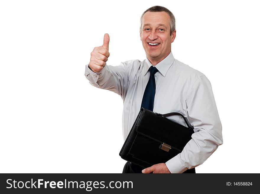 Senior man showing ok sign isolated on white background