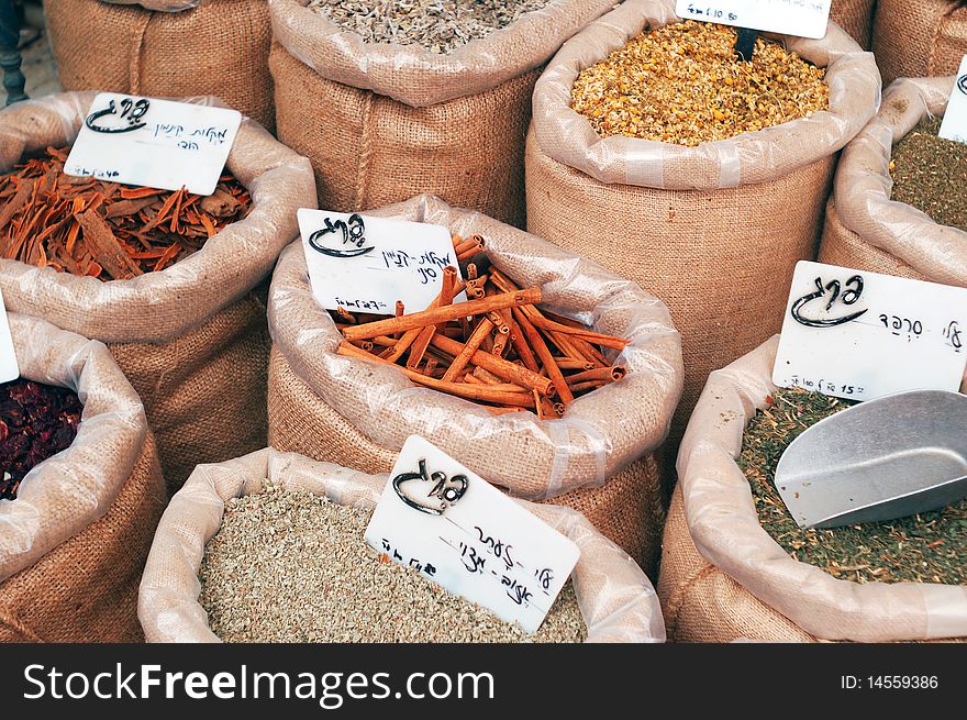 Bags with spices on the market