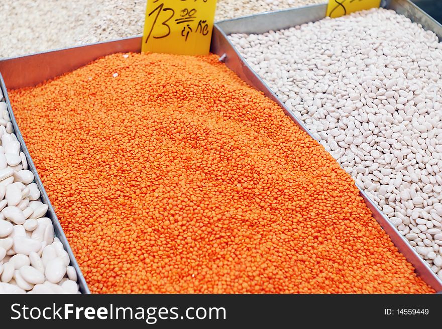 Close up of lentil and kidney beans on market stand. Close up of lentil and kidney beans on market stand