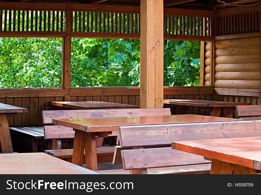 Wooden interior of street cafe