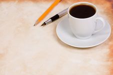 Coffee And Pen At Paper Royalty Free Stock Photo