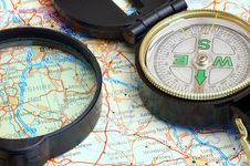Compass On A Map Royalty Free Stock Photo