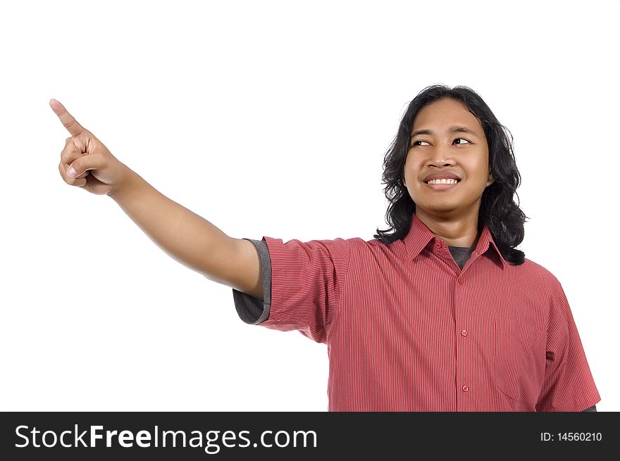 Long hair man pointing something isolated on white background