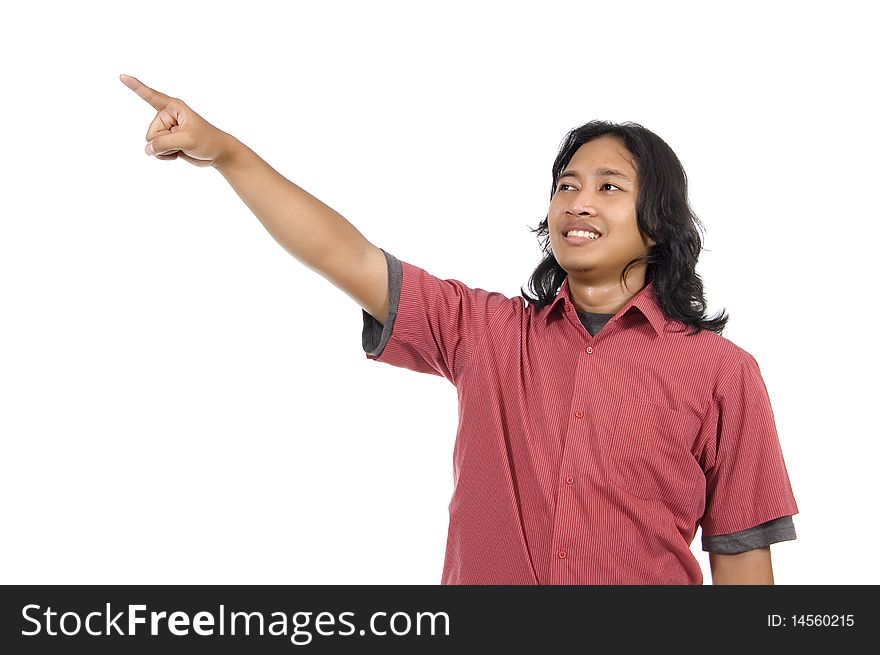 Long hair man pointing something isolated on white background