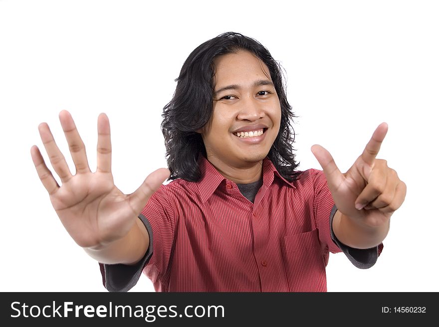 Long hair man give number seven by hand gesture