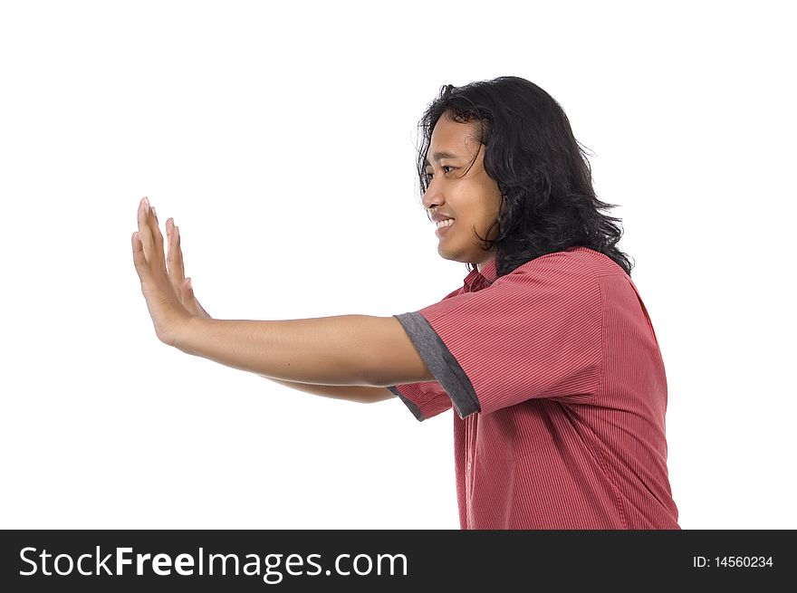 Man Pushing Something isolated on white background. Man Pushing Something isolated on white background