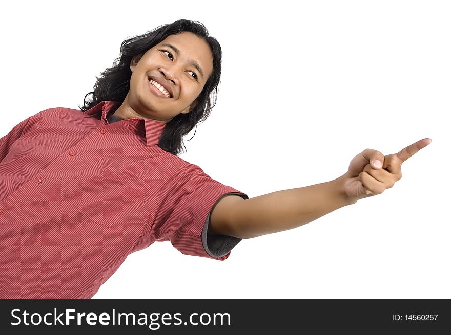 Long hair man pointing something isolated on white background