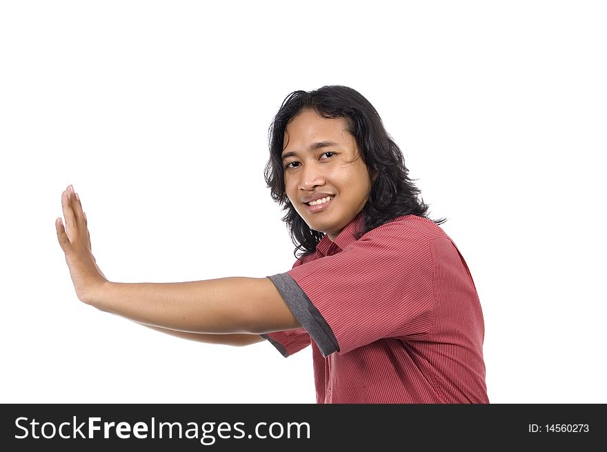 Man Pushing Something isolated on white background. Man Pushing Something isolated on white background