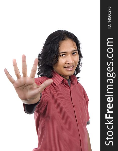 Long hair man give number five by hand gesture isolated on white background