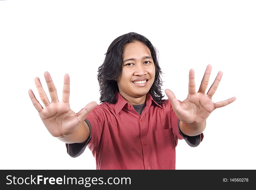 Long Hair Man Give Number Ten By Hand Gesture