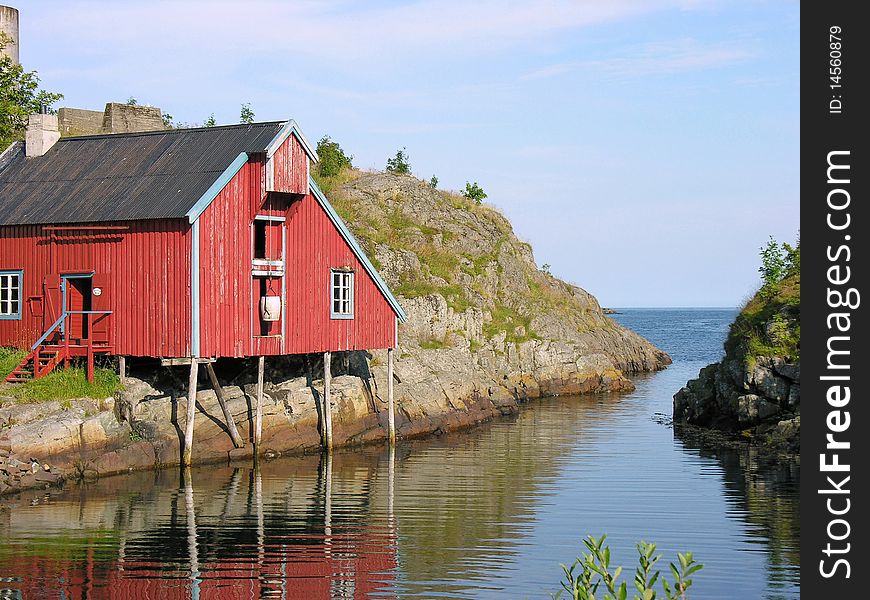 Palafitte house over a river in Lofoten, Norway