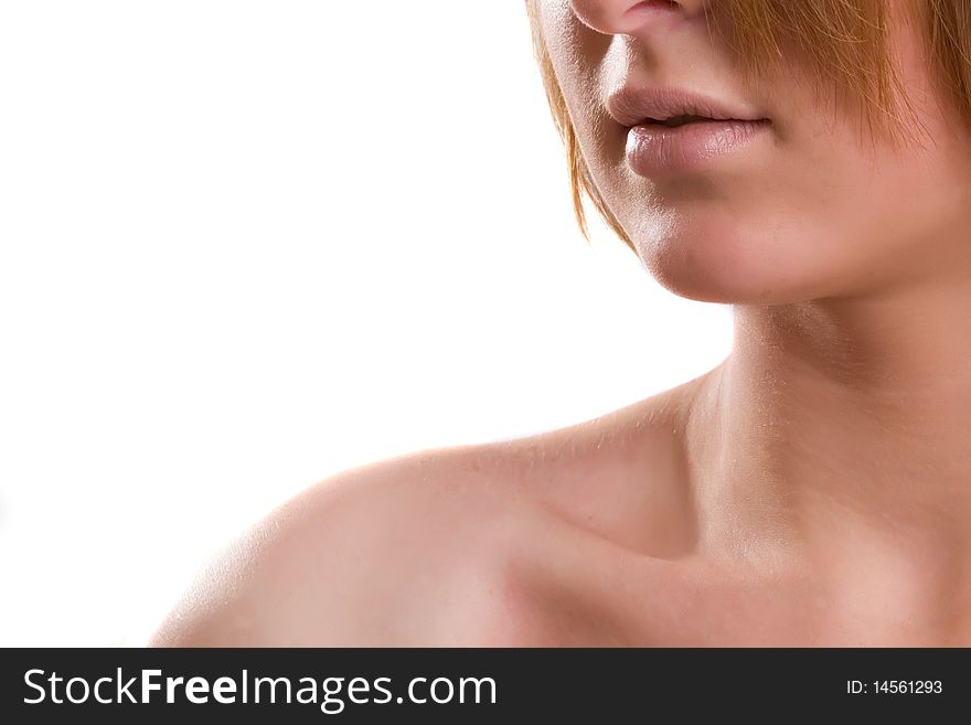 Young beauty blonde woman with bare shoulders, makeup. Isolated on the white. Young beauty blonde woman with bare shoulders, makeup. Isolated on the white