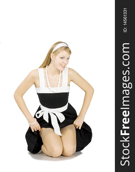 Young woman with stocking in pinup style/ Isolated on the white. Young woman with stocking in pinup style/ Isolated on the white