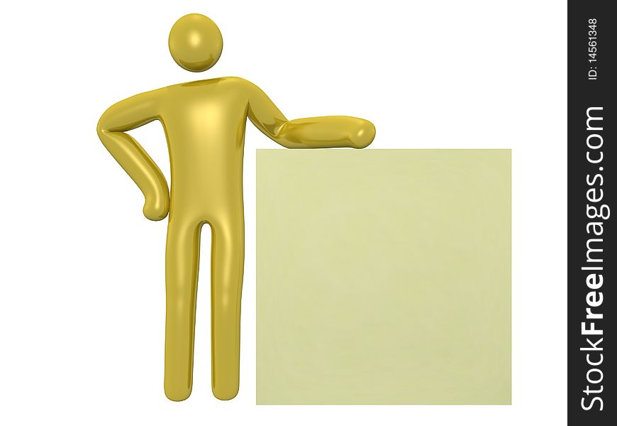 3D render of a golden man showing something on a blank board. 3D render of a golden man showing something on a blank board.