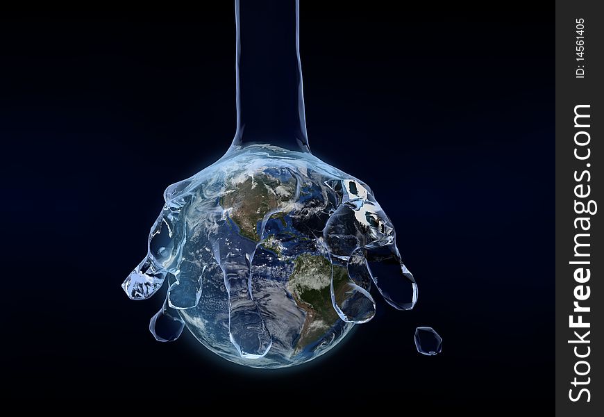 A 3D illustration with a huge amount of water falling on the Earth. Environmental metaphor. A 3D illustration with a huge amount of water falling on the Earth. Environmental metaphor.