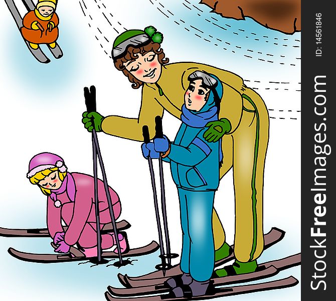 Illustration depicts a father who tries to help his son to ski. Illustration depicts a father who tries to help his son to ski.