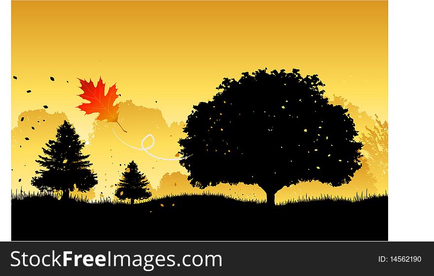 Autumn background with tree silhouette, vector illustration