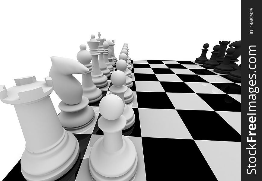 Chess. Chessmen on chessboard isolated on white background. High quality 3d render.