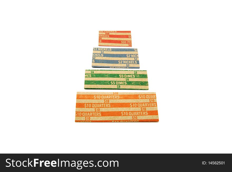 Bank coin wrappers in pyramid display. Bank coin wrappers in pyramid display