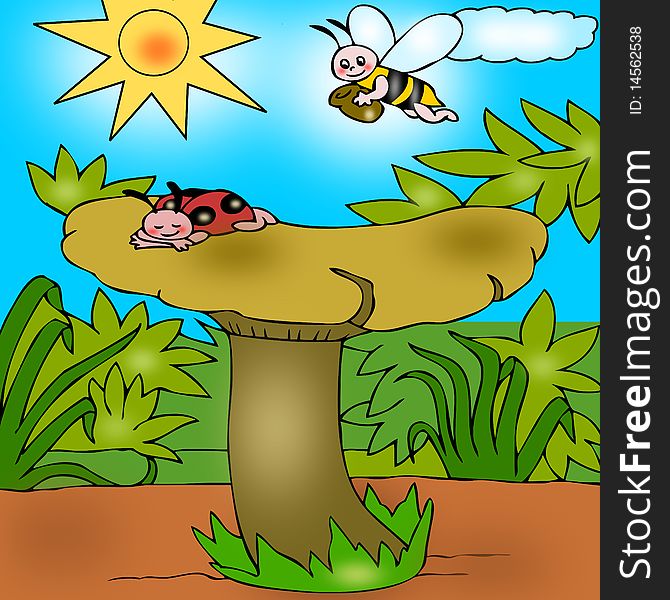 Illustration depicting a mushroom above where he sleeps and there is also a ladybug a bee that has gathered inside a jar of honey, can be used in picture books for children. Illustration depicting a mushroom above where he sleeps and there is also a ladybug a bee that has gathered inside a jar of honey, can be used in picture books for children.