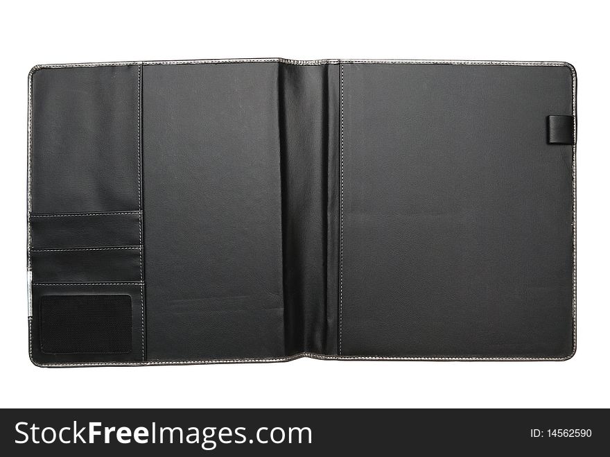 The opened black leathern binding