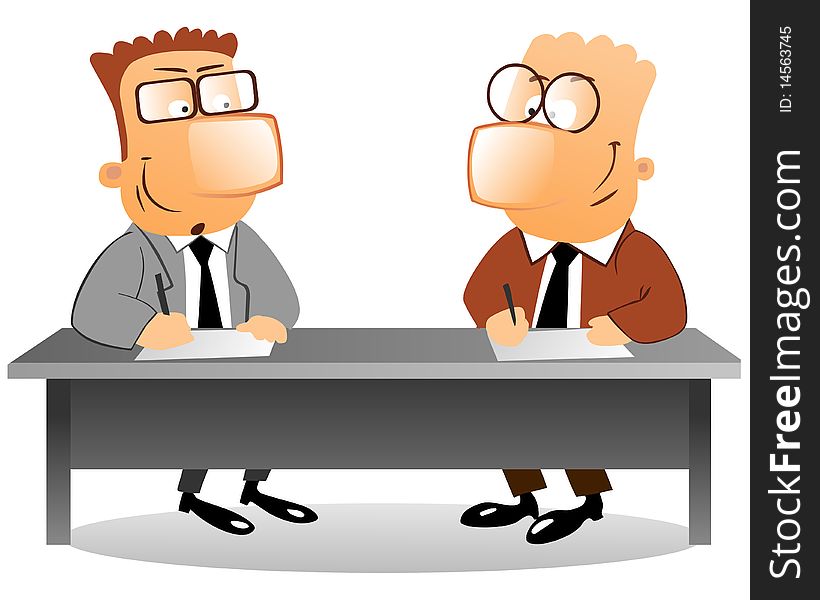 Illustration of two businessmen sitting at the table and signing contract, isolated on white background. Illustration of two businessmen sitting at the table and signing contract, isolated on white background.