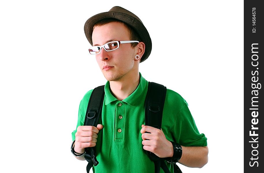 Young tourist on a white background