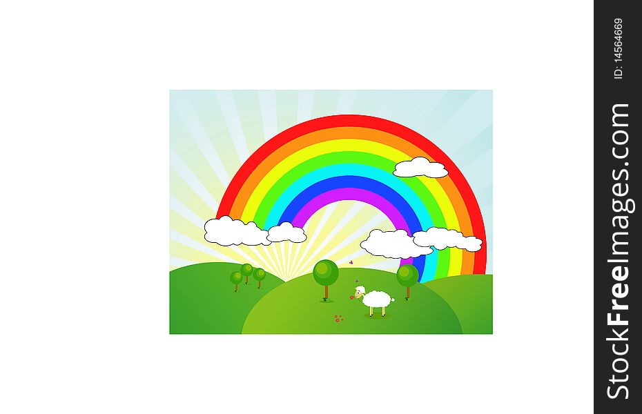 Rainbow and sheep on hills. Vector illustration