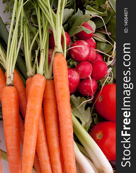 Fresh carrots, radishes, scallions, tomatoes and greens. Fresh carrots, radishes, scallions, tomatoes and greens