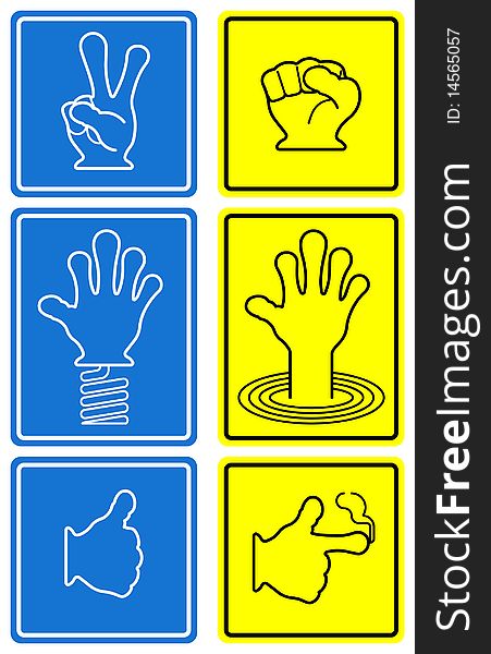 Six diferent blue and yellow vector hands signs. Six diferent blue and yellow vector hands signs