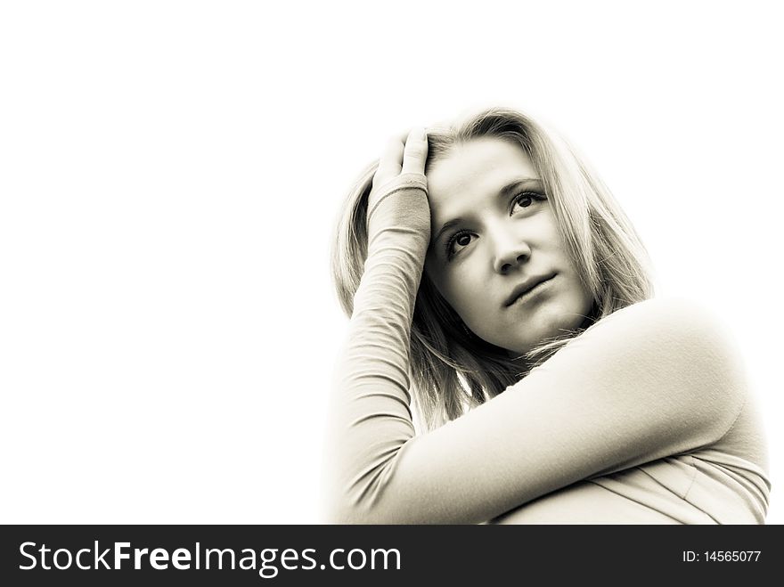 Black and white portrait of beautiful teen blond girl. Black and white portrait of beautiful teen blond girl