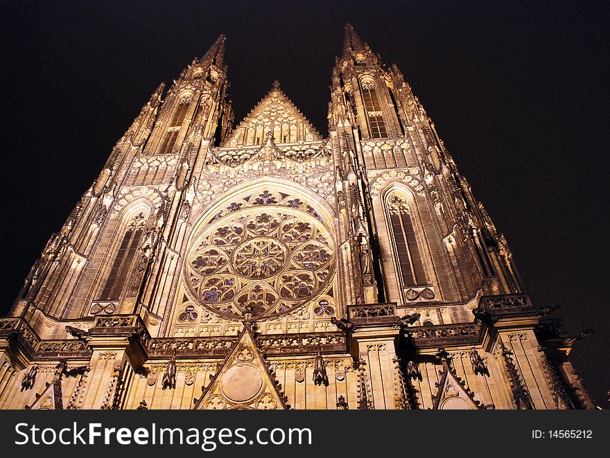 View of the Cathedral St.Vitus by night in old town in Prague. Czech republic.