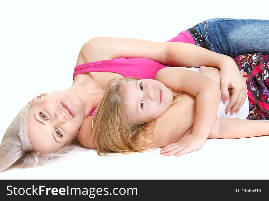 Young happy mother and daughter isolated