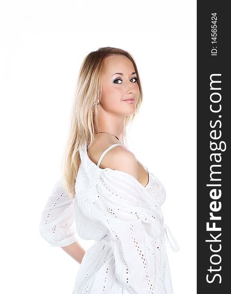 Young woman in white clothes. Studio shot. White background. Young woman in white clothes. Studio shot. White background.