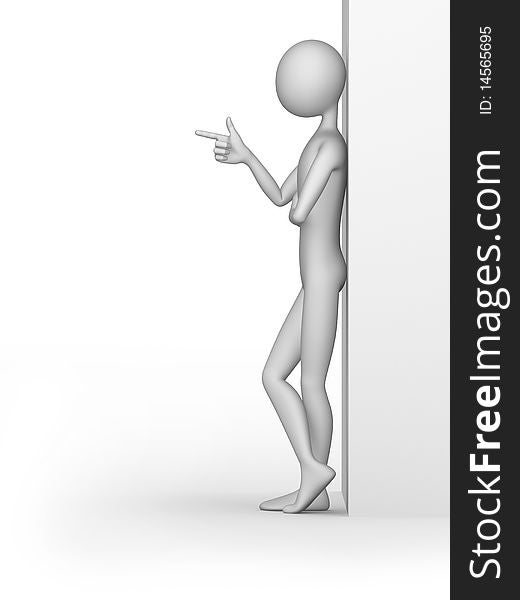 3d human stands against the wall with his index finger. 3d human stands against the wall with his index finger