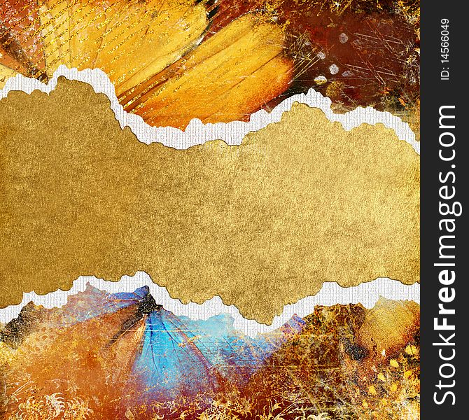 Abstract background in golden colors with butterflies and place for text. Abstract background in golden colors with butterflies and place for text