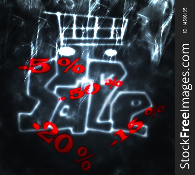 Illustration of shopping cart and word sale in the smoke. Illustration of shopping cart and word sale in the smoke