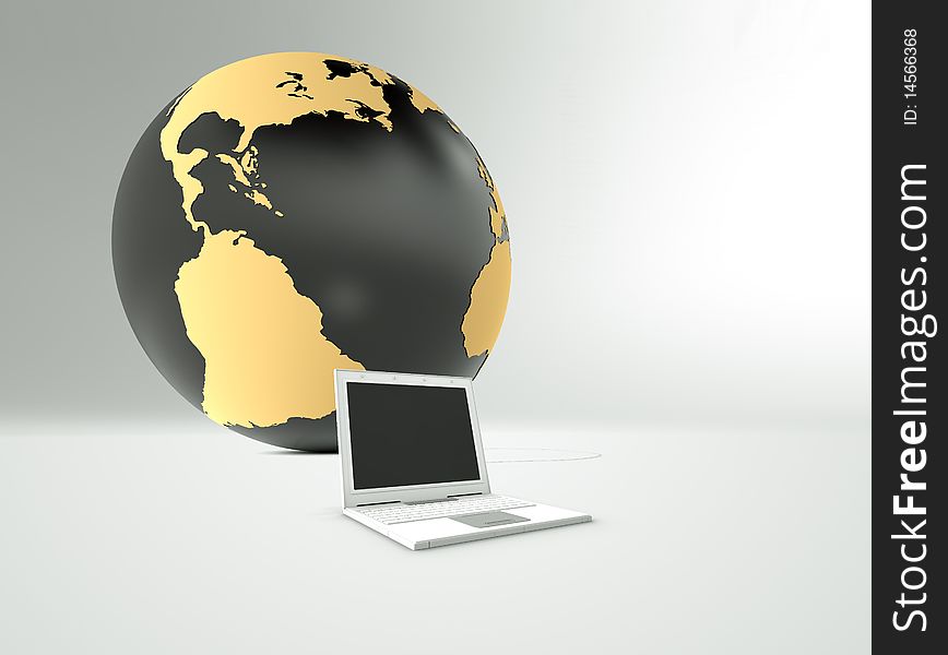 3d earth and laptop computer on white background