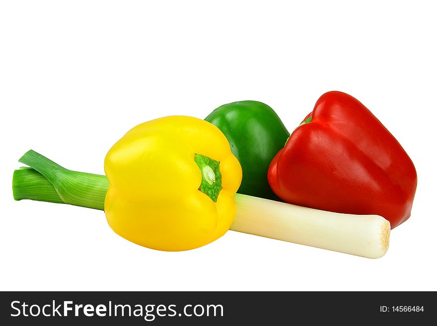 Isolated leek with peppers on white background. Isolated leek with peppers on white background